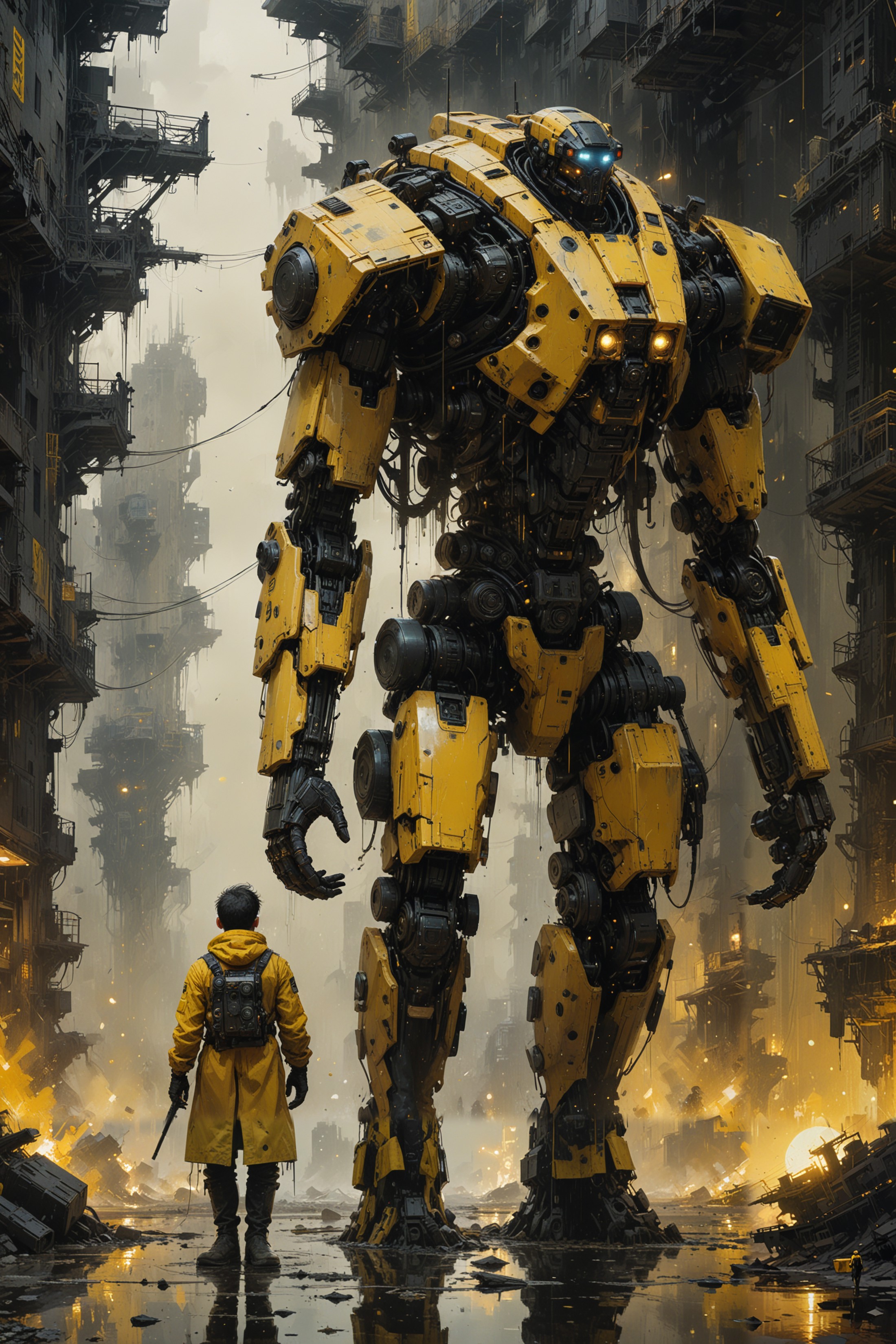 science fictional movie still, ((in style of Jeremy Mann and Wadim Kashin)), (black and yellow), vintage, masterpiece, vis...